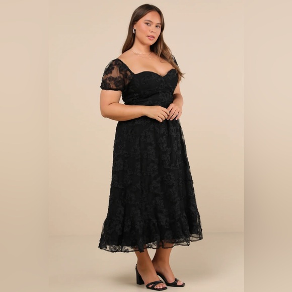 Lulus Notable Elegance Black Mesh Floral Applique Bustier Midi Dress - Picture 2 of 12